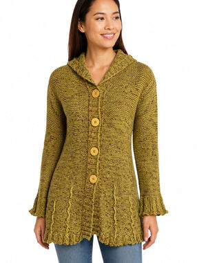 BCBGMAXAZRIA Women's Mustard Green Knit Cardigan Sweater Long Sleeve Boho - L